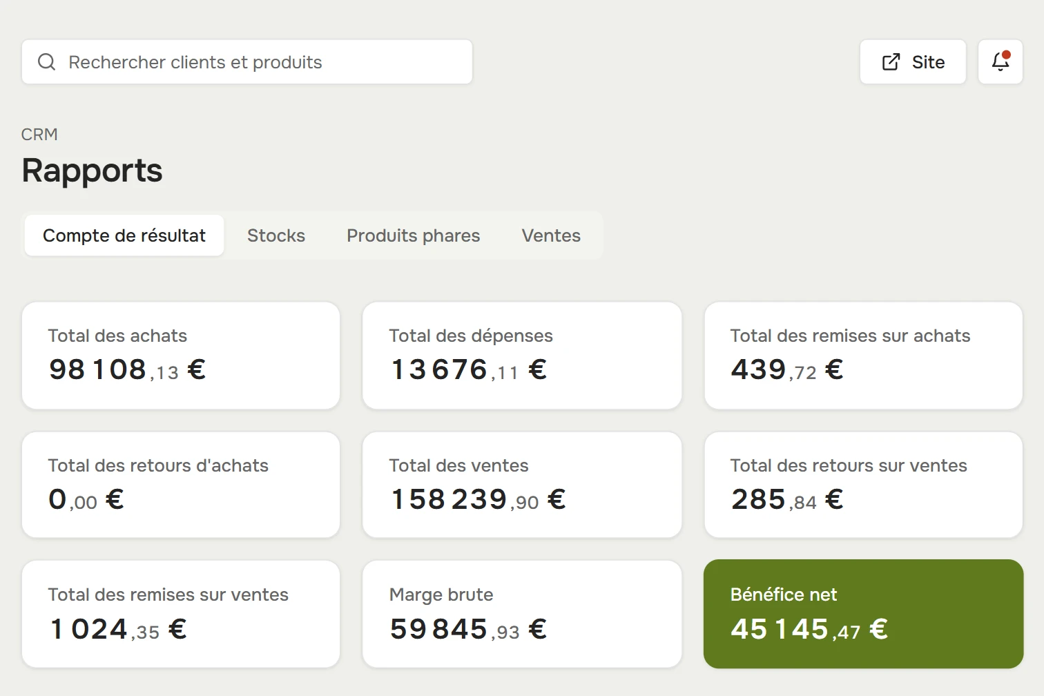 Rapports : achats, ventes, remises, marge brute et bénéfice net