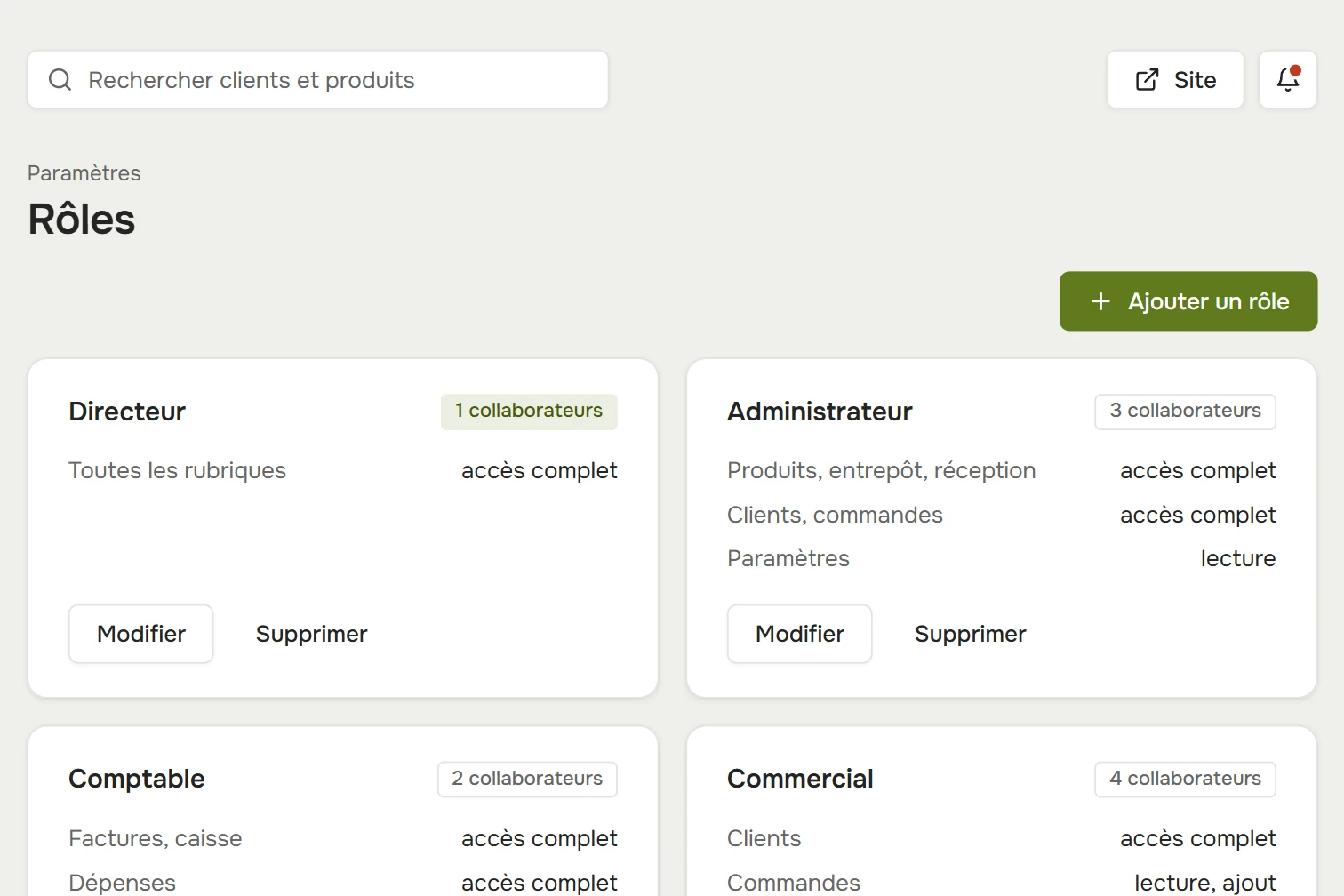 Rôles : droits du directeur, de l’administrateur, du comptable, du commercial et des collaborateurs