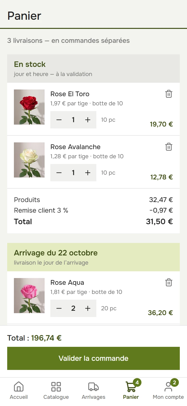 Panier sur un téléphone : produits en stock et une précommande, chacun avec son total, et Valider la commande
