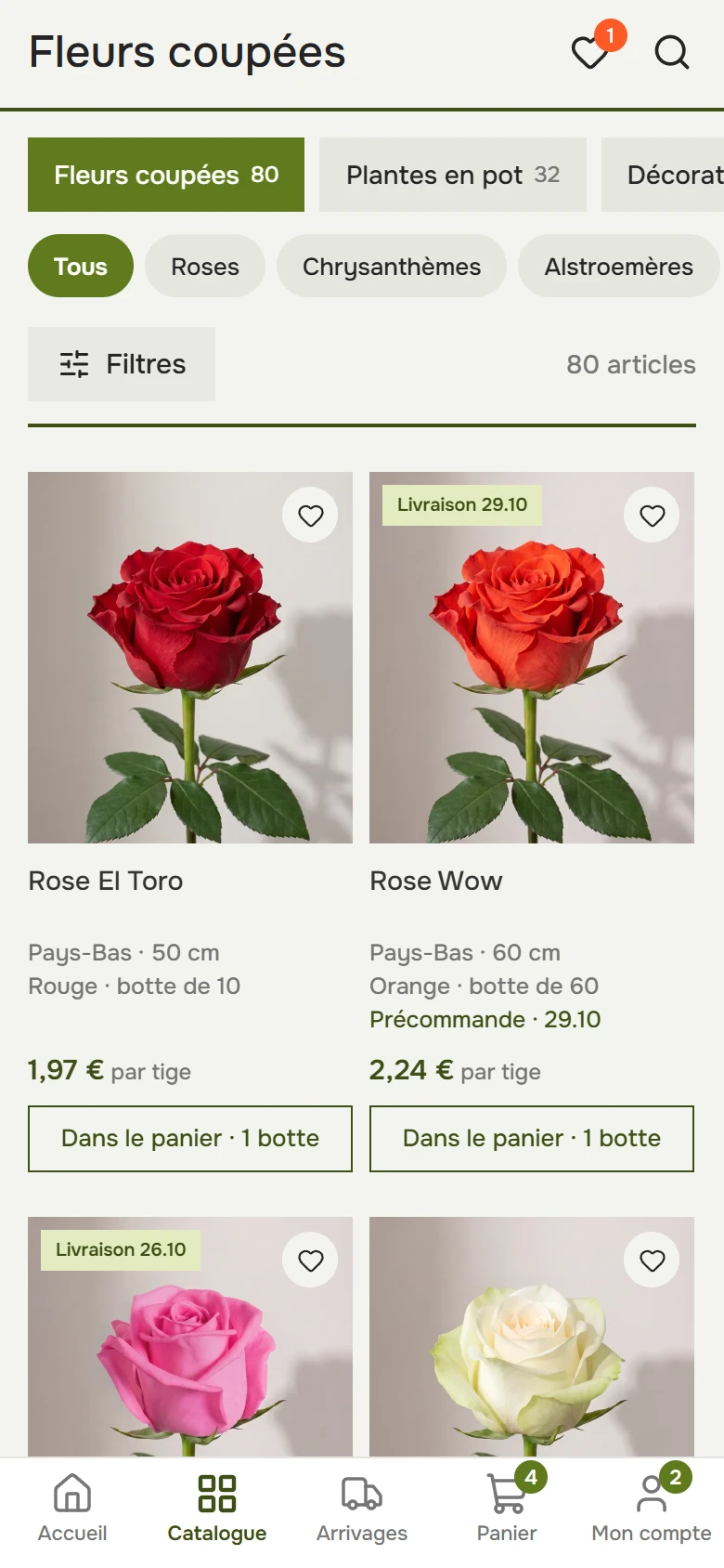 Catalogue sur un téléphone : pastilles de catégories, filtres et fiches de roses avec prix à la tige, taille de botte et Ajouter au panier