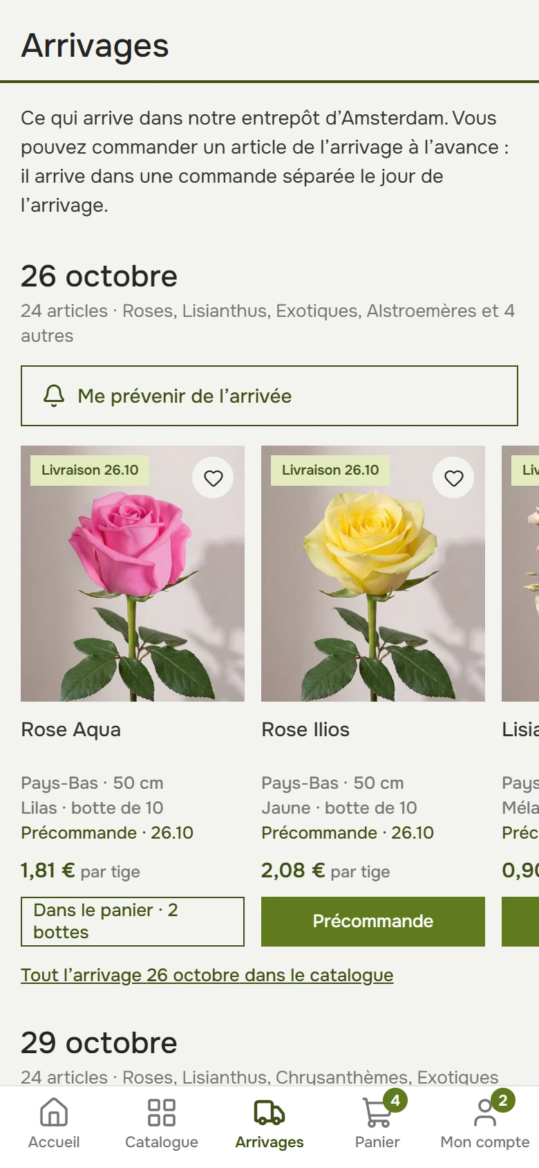 En arrivage sur un téléphone : dates d’arrivage et produits avec un bouton Réserver