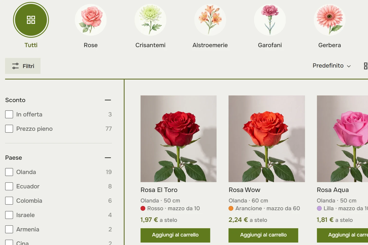 Catalogo dei fiori recisi: cerchi delle categorie, filtri e schede delle rose con mazzo e prezzo a stelo