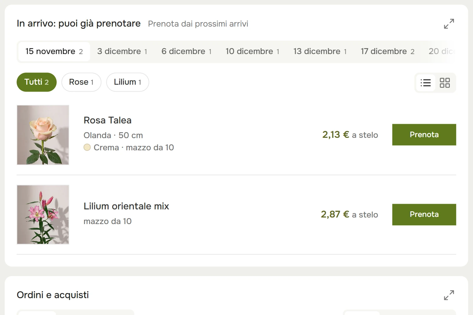 La sezione «In arrivo» nell'area clienti: date di arrivo, rose e gigli con il pulsante «Prenota»