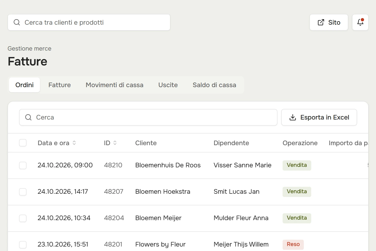 Fatture: ordini con cliente, collaboratore, importo e metodo di pagamento