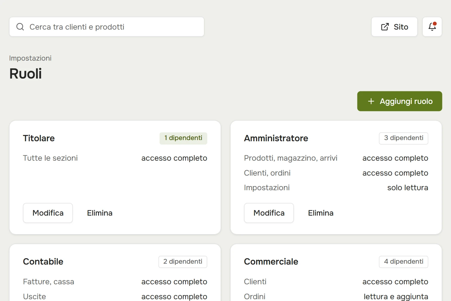 Ruoli: permessi per titolare, amministratore, contabile, commerciale e collaboratore