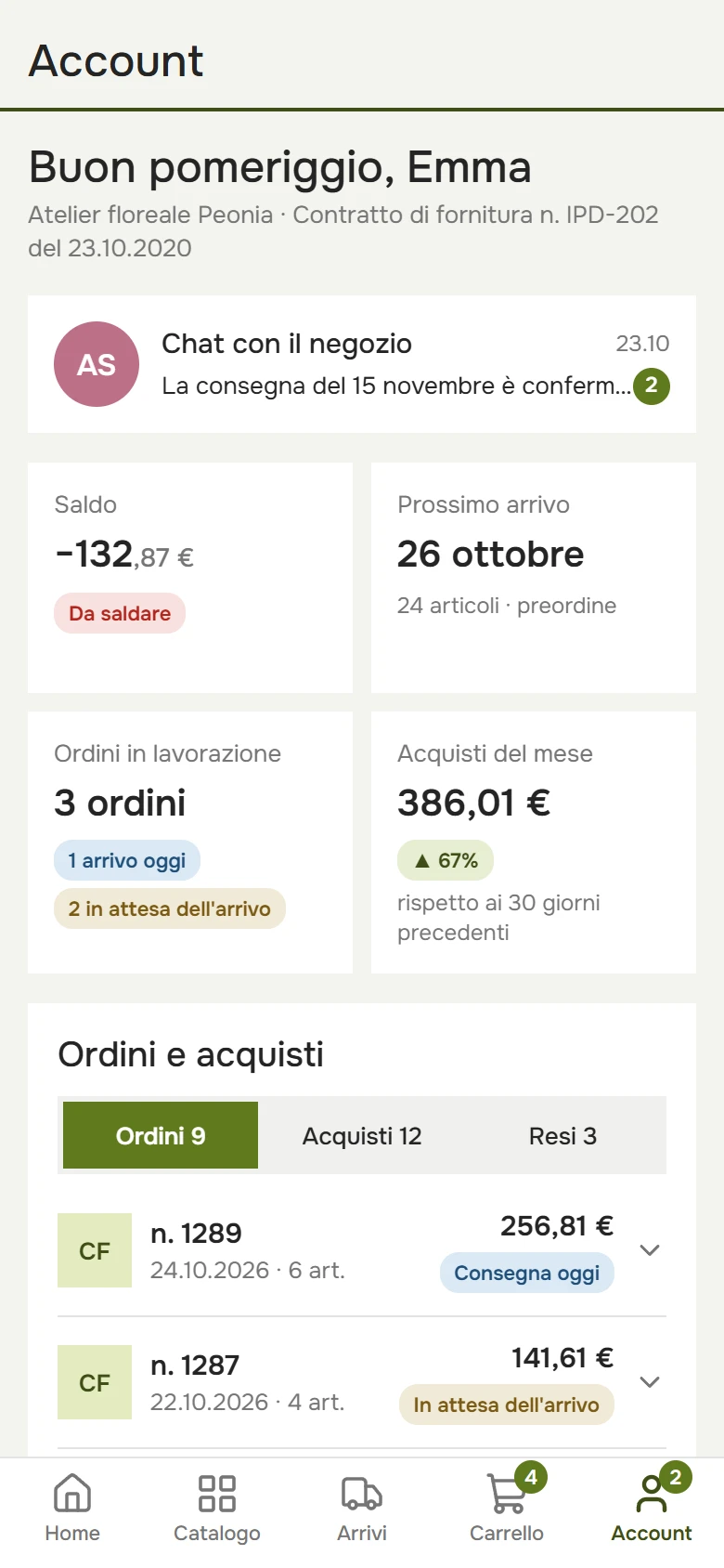 Area clienti sul telefono: saldo con importo da pagare, prossimo arrivo, ordini in lavorazione e acquisti del mese