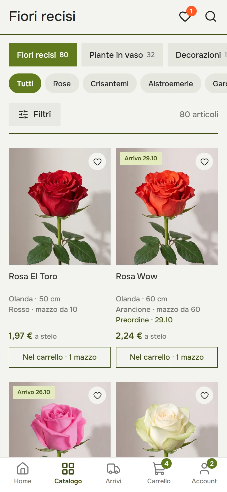 Catalogo sul telefono: cerchi delle categorie, filtri e schede delle rose con prezzo a stelo, mazzo e «Aggiungi al carrello»
