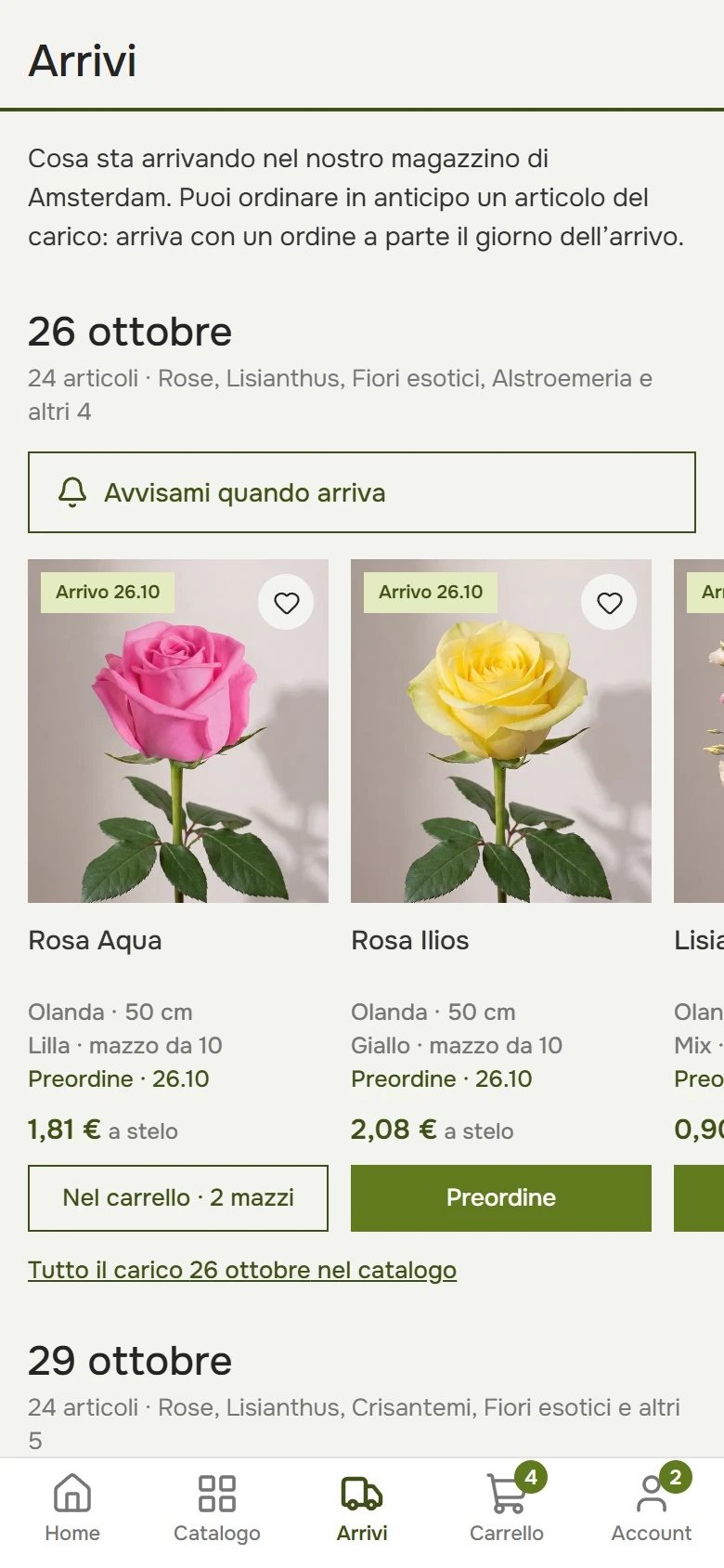 La sezione «In arrivo» sul telefono: date di arrivo e prodotti con il pulsante «Prenota»
