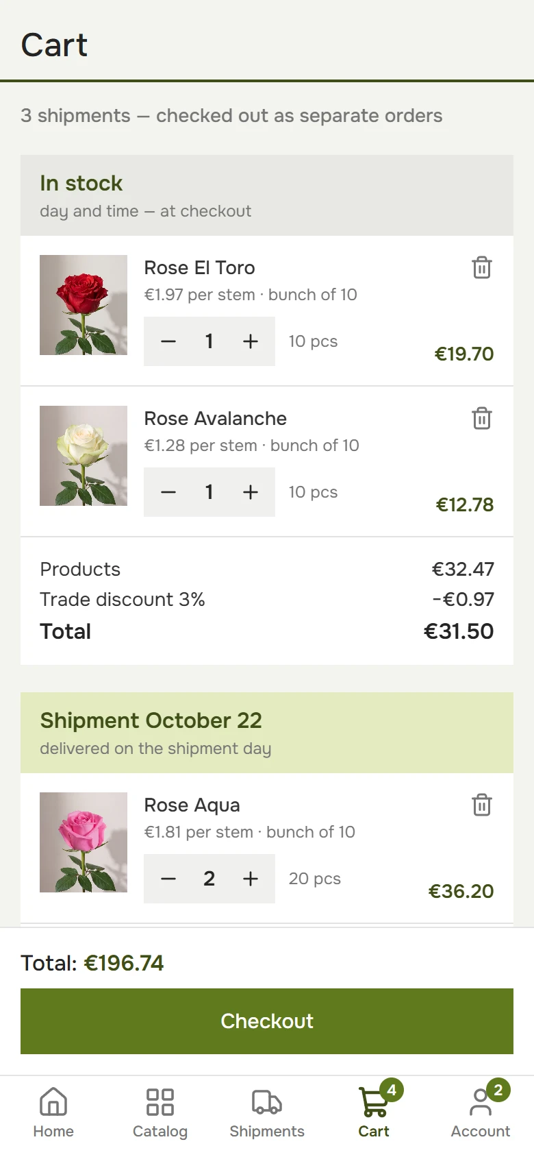 Cart on a phone: in-stock items and a pre-order, each with its own total, and Checkout