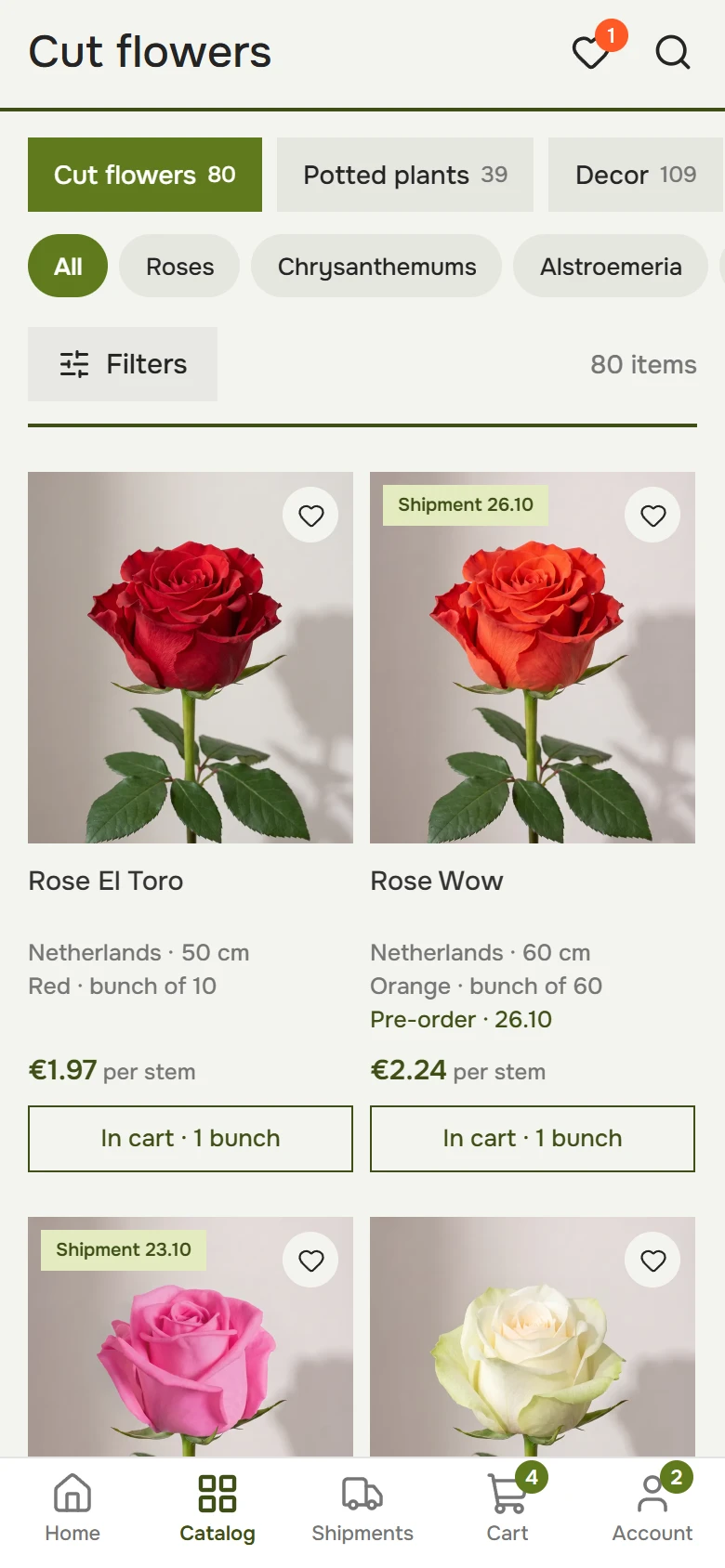 Catalog on a phone: category circles, filters and rose cards with price per stem, bunch size and Add to cart