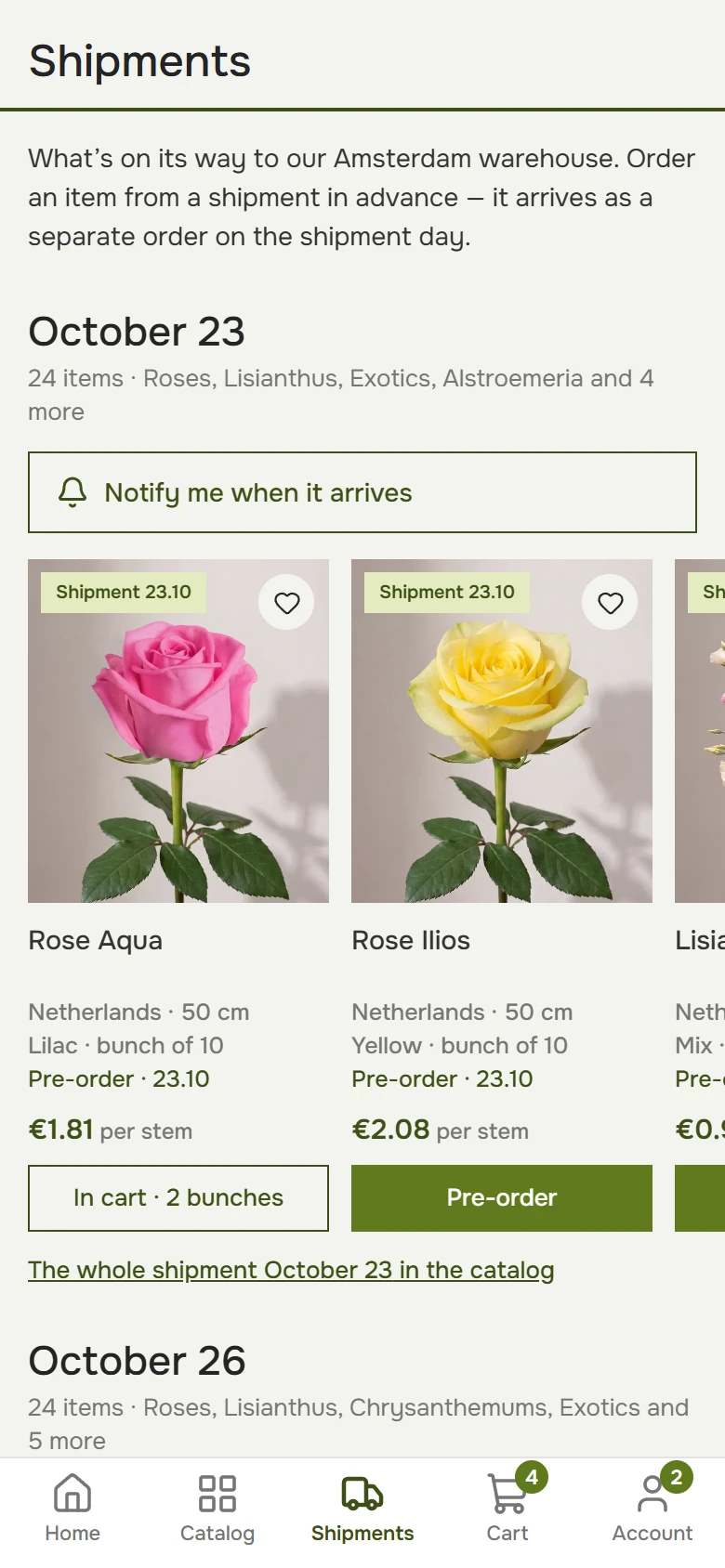 Arriving soon on a phone: shipment dates and products with a Reserve button