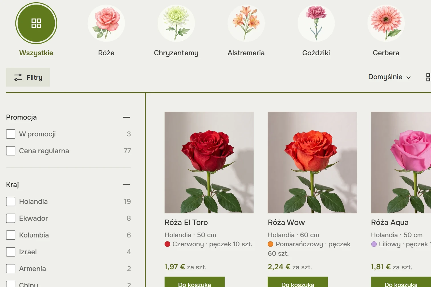 Katalog kwiatów ciętych: kategorie w kółkach, filtry i karty róż z wielkością pęczka i ceną za sztukę