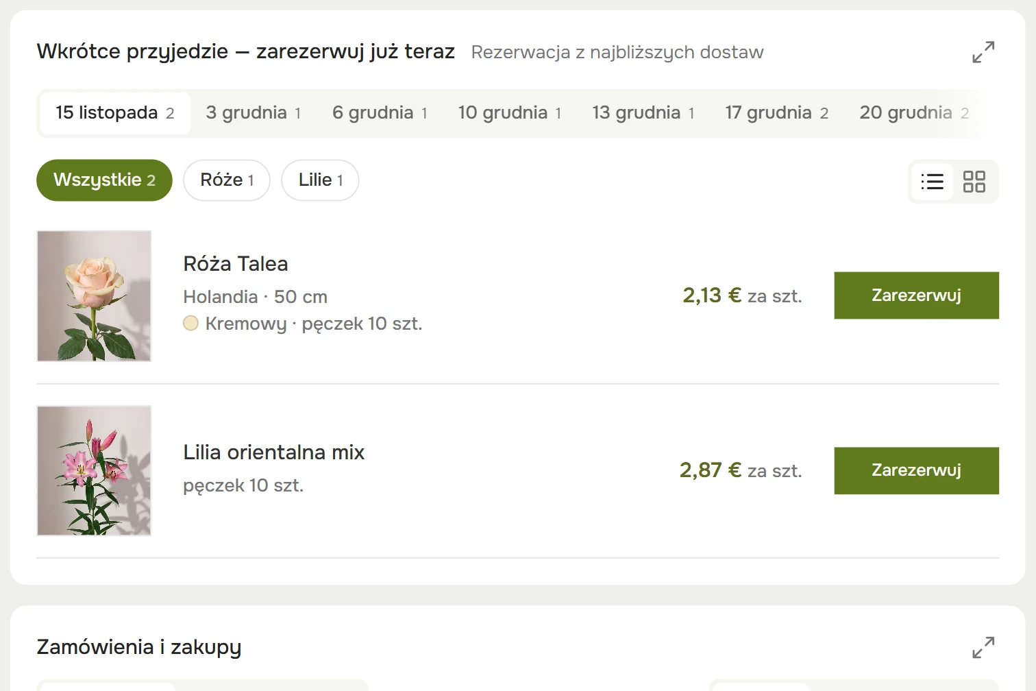 Wkrótce w dostawie, na koncie klienta: daty dostaw oraz róże i lilie z przyciskiem Rezerwuj