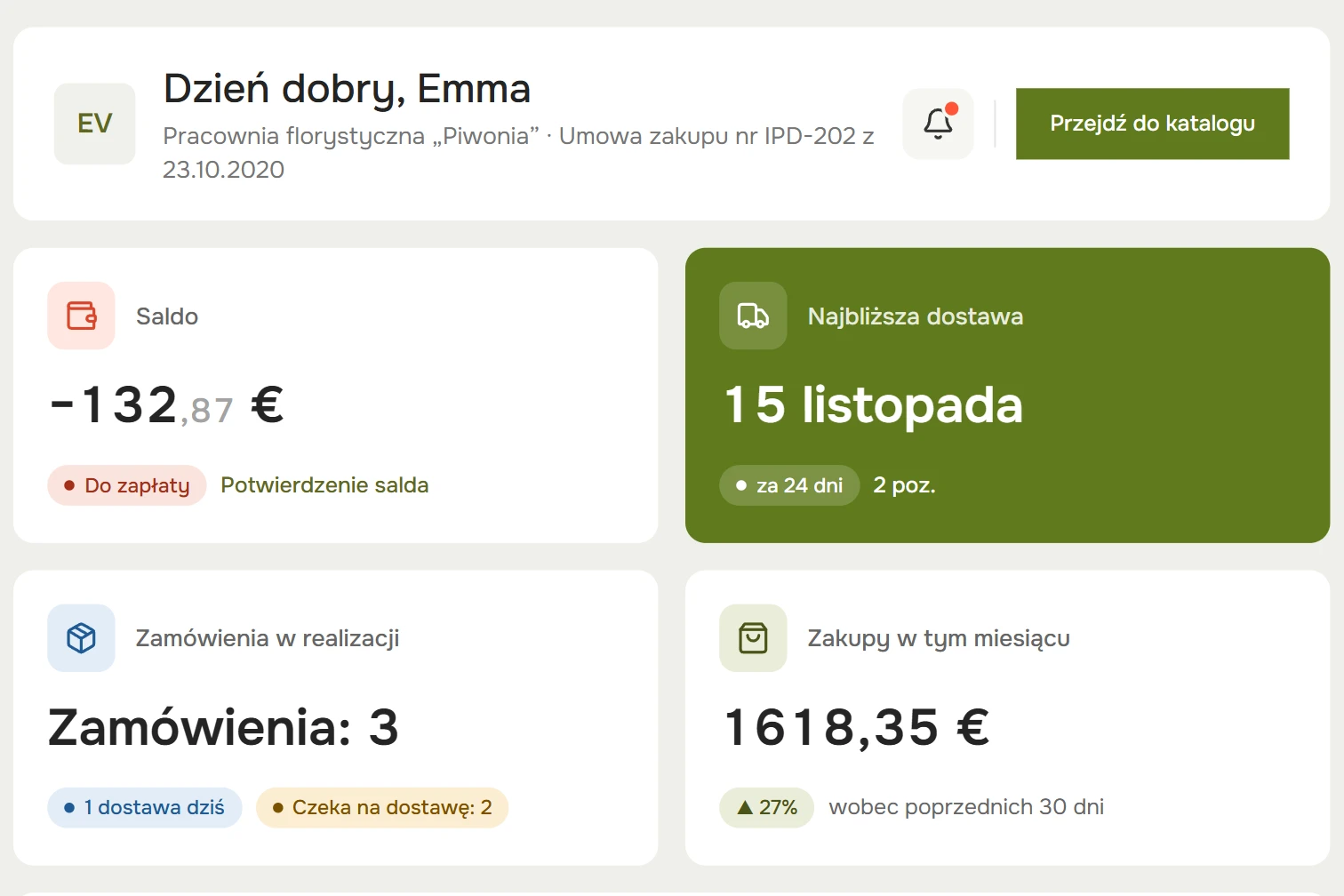 Konto klienta: saldo, najbliższa dostawa, zamówienia w realizacji i zakupy w tym miesiącu