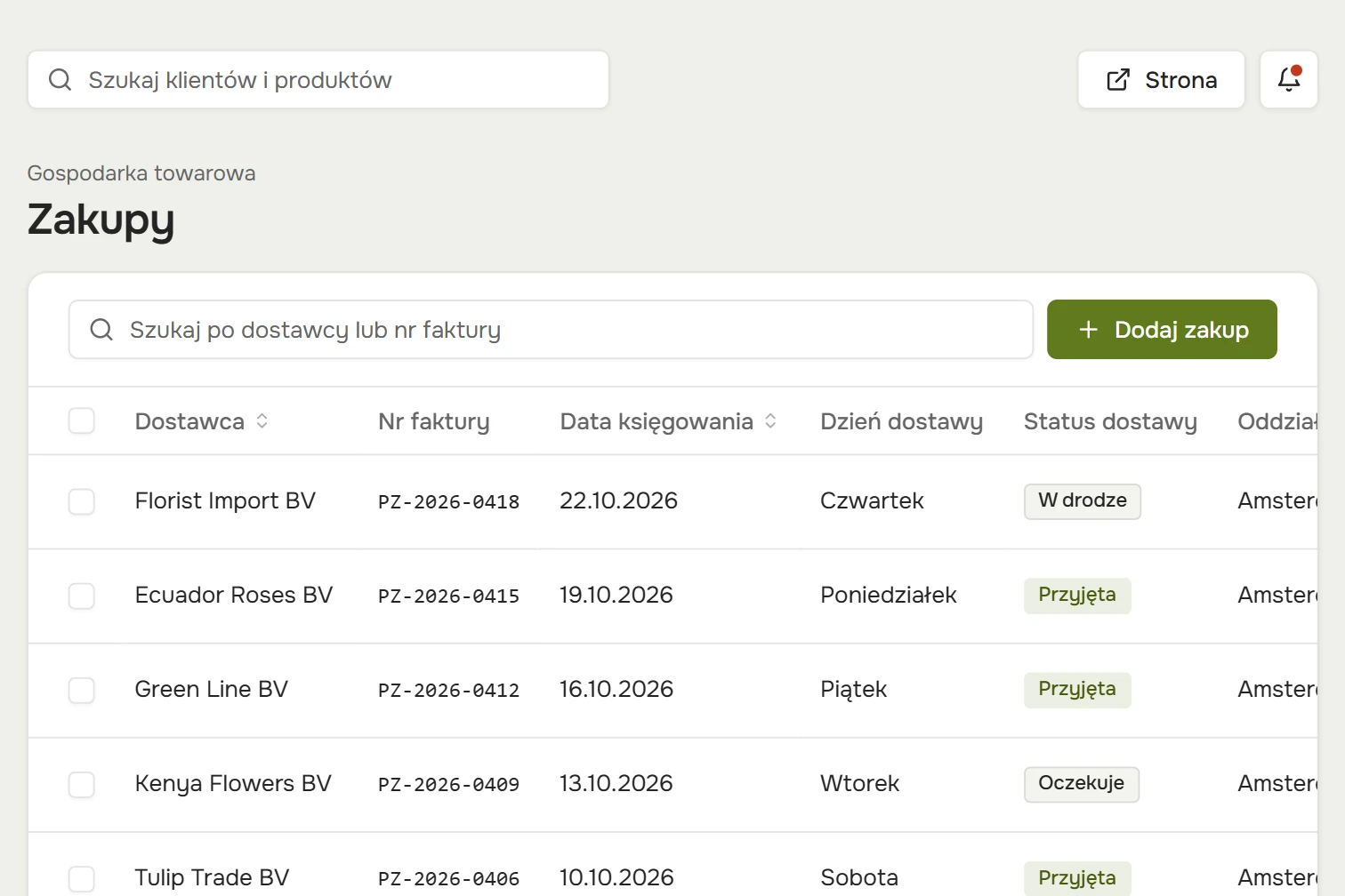 Zakupy: dostawcy, faktury, dzień dostawy, status i kwota zakupu