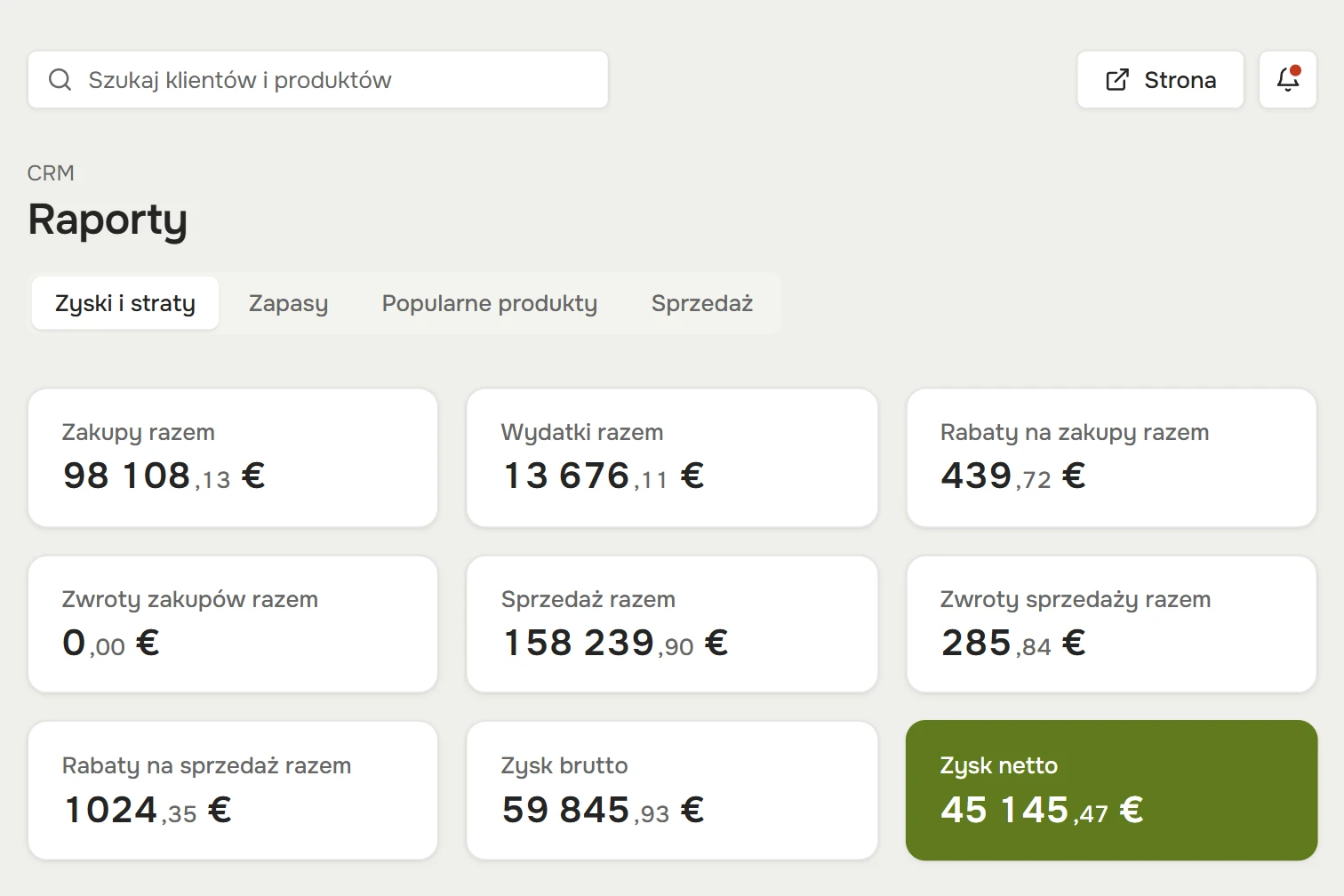 Raporty: zakupy, sprzedaż, rabaty, zysk brutto i netto