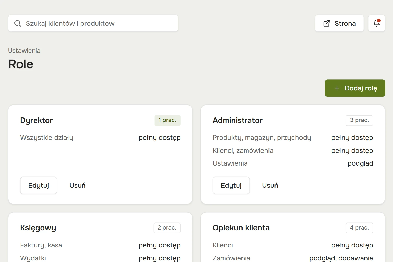 Role: uprawnienia dyrektora, administratora, księgowego, menedżera i pracownika