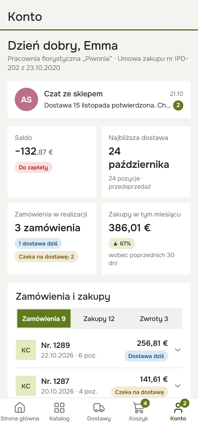 Konto w telefonie: saldo z zadłużeniem, najbliższa dostawa, zamówienia w realizacji i zakupy w tym miesiącu