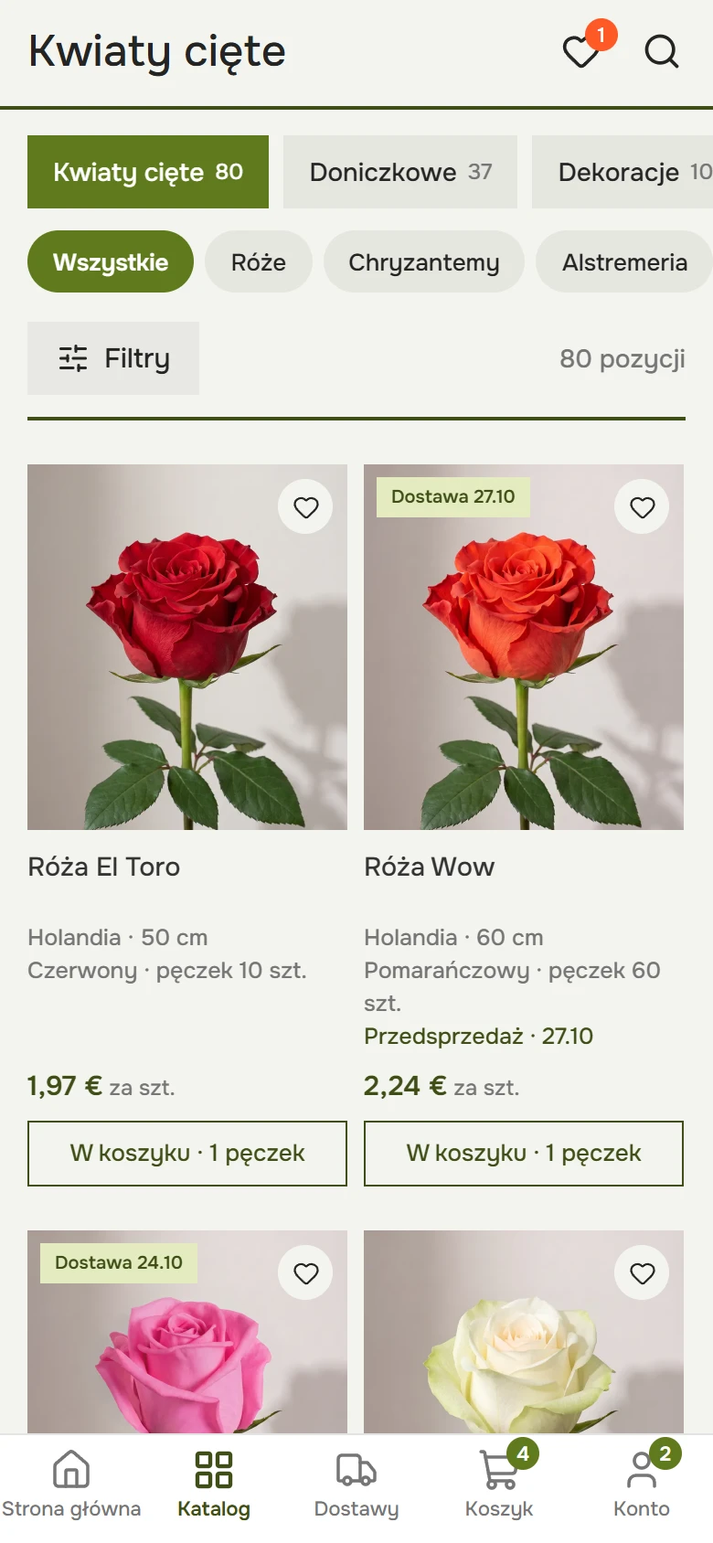 Katalog w telefonie: kategorie w kółkach, filtry i karty róż z ceną za sztukę, wielkością pęczka i przyciskiem Do koszyka